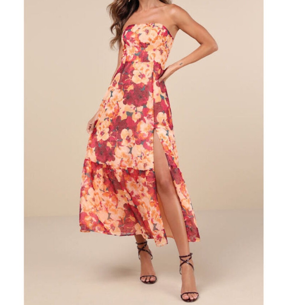 LULUS- Bright Perspective Orange and Pink Floral Strapless Midi Dress